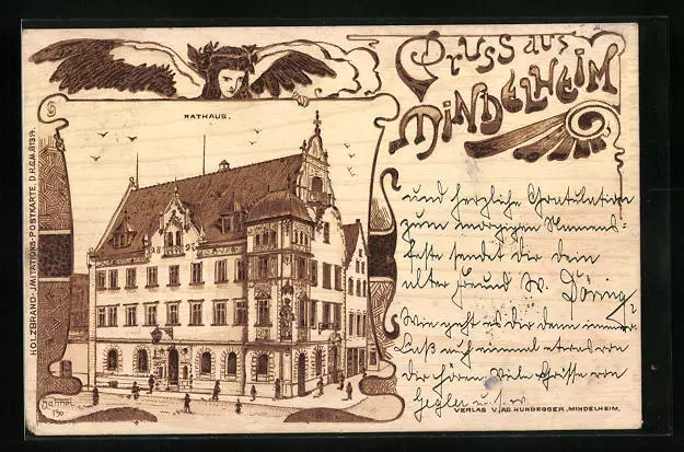 Holzbrand-Imitations-AK Mindelheim, Rathaus aus der Vogelschau 1903