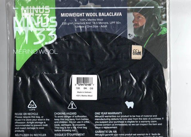 Balaclava BRAND NEW 100% Merino Wool Unisex One Size 235 Interlock Knit MINUS33