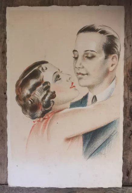 Cpa Ancienne Carte Postale Signée Illustrateur Portrait Couple Années 20 / 30