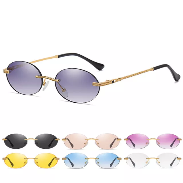 Retro Small Oval Rimless Glasses Women Men Vintage Tinted Lens Sunglasses UV400