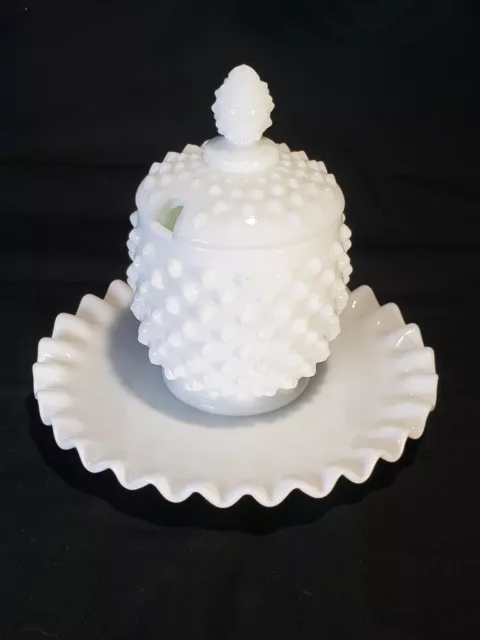 Fenton Milk Glass Hobnail Lidded Jelly Relish Condiment Jar with Underplate