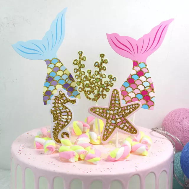 5Pcs/Set Mermaid Fish Tail Glitter Gold Cupcake Cake Topper Birthday Baby Sho`xi