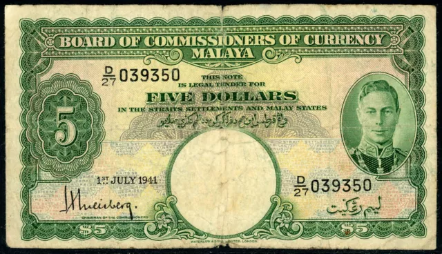 1941 Malaya Straits Settlements 5 Five Dollars King George VI FREE COMBINED POST