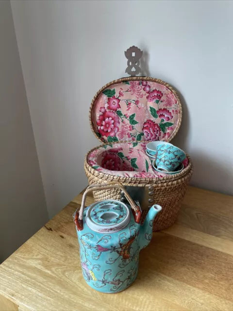 Vintage Chinese Tea Set In Wicker Basket