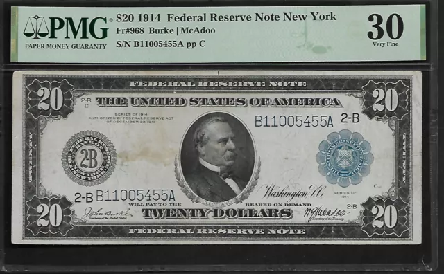 US 20 Dollars 1914 PMG 30 Fr #968 FRN New York Series 2-B pp C