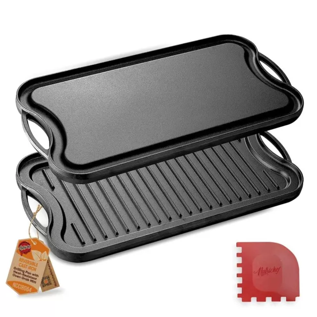 NutriChef Kitchen Plate Reversible Cast Iron Griddle, Classic Flat Grill Pan