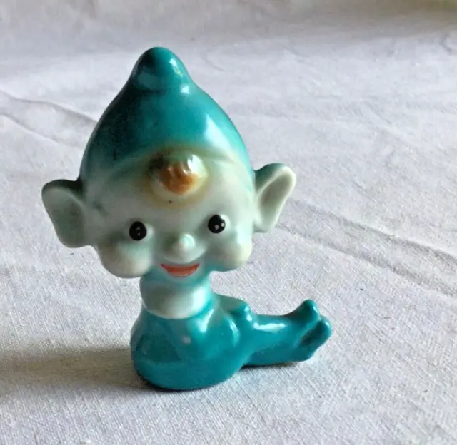 Vintage 1959’s/60’s Ceramic Blue Pixie Elf Sitting Figurine Made In Japan