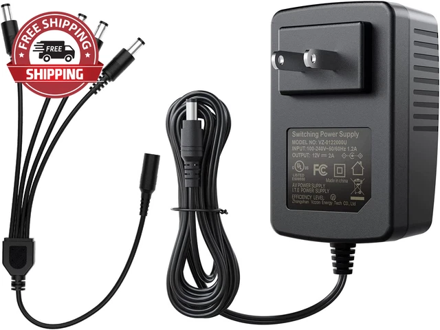 ZOSI 12V 2A 100V-240V US AC to DC Power Supply Adapter & 4-Way Power Splitter Ca