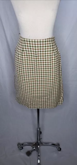 Vintage 1960s Cream With Olive Green And Chocolate Brown Plaid A Line Skirt