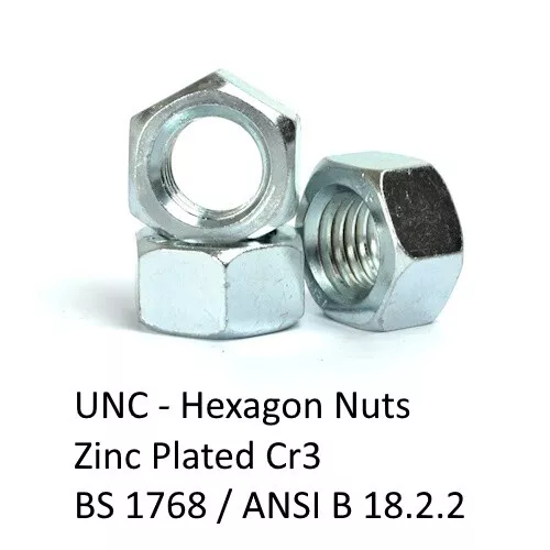 Unc Nuts Zinc Plated Bzp Hexagon Full Nut 1/4,5/16,3/8,7/16,1/2,5/8,3/4, Grade 1