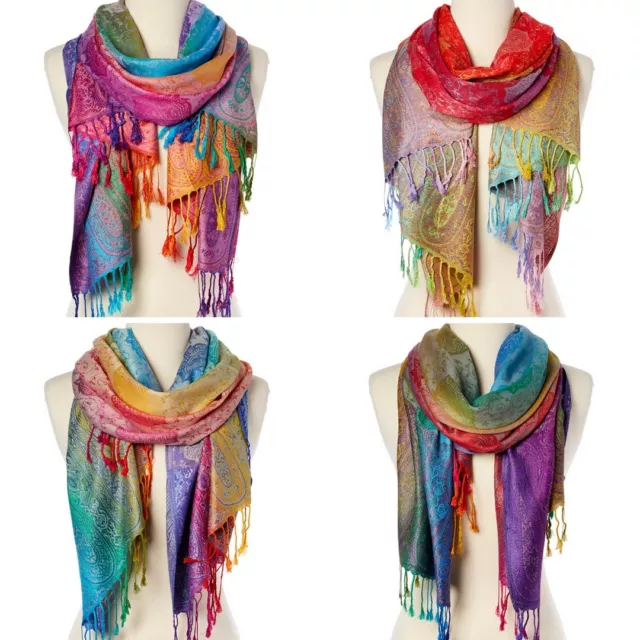 Women Long Rainbow Paisley Silk Blend Pashmina Scarf Wrap Shawl Plaid Cozy Gift