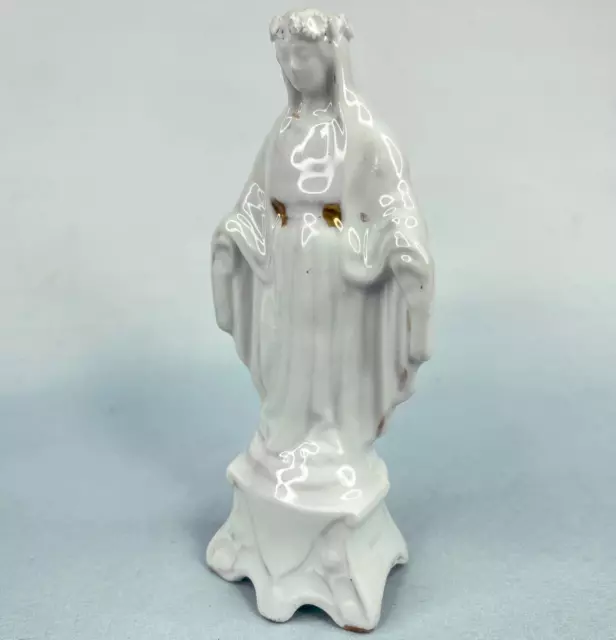 Vintage French Religious Icon Small Virgin Mary White & Gold Col Ceramic Figure