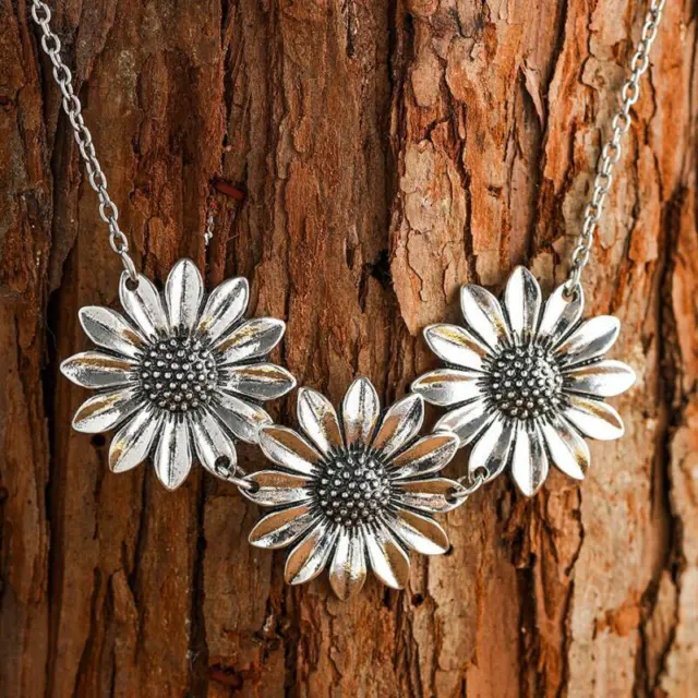 Retro Silver Plated Three Sunflowers Pendant Necklace Choker Women Jewelry Gift