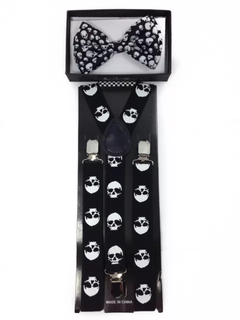 Adult Bow Tie & Suspender High Quality Adjustable Combo Set Skulls