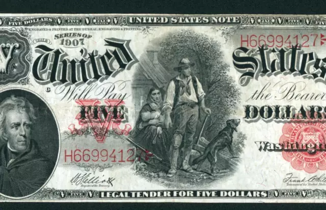 $5 1907 United States Note ** Legal Tender ** Woodchopper ** PAPER CURRENCY