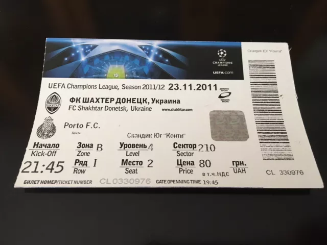 Ticket Match Champions Shakhtar Donetsk Ukraine - Porto FC Portugal 2011