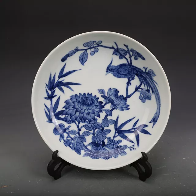 8.3" Collect Chinese Qing Blue White Porcelain Tree Peony Animal Phoenix Plate