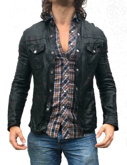 Zayn Uomo pelle D'Agnello Slim Fit Camicia Lunghe Bottoni Moto Biker Giacca