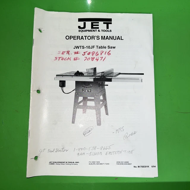 Jet JWTS-10JF Table Saw Manual from 1994