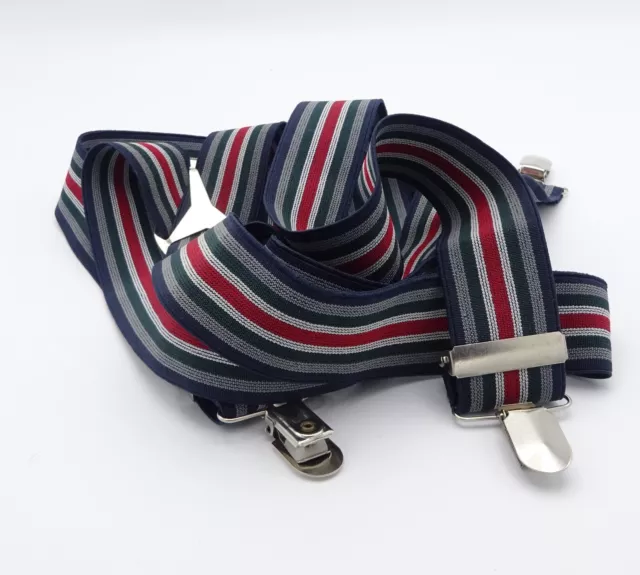 Men's Vintage Blue Green Red Striped Clip On Braces Suspenders