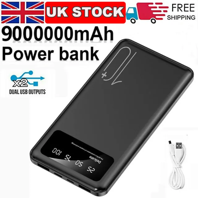9000000mAh Power Bank Portable Fast Charger Battery Pack LCD 2 USB for Phone UK