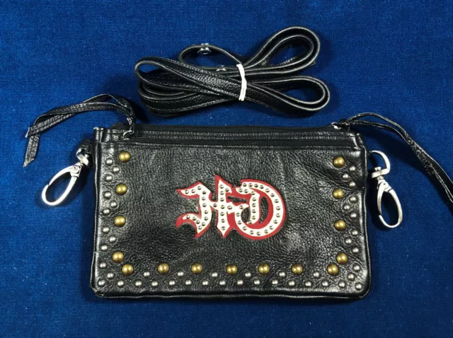 Vintage HARLEY DAVIDSON BLACK LEATHER HIP BAG  ~ Red Tan Logo lotsa Studs & Belt