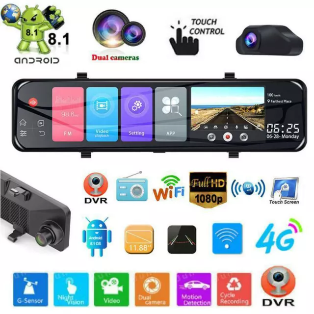 1080P 12 Zoll 4G Android 8.1 WIFI Auto GPS Rückspiegel Dashcam ADAS Recorder