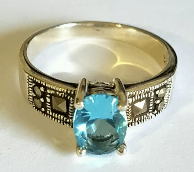 100% Genuine 925 Sterling Silver Vintage MARCASITE Blue Topaz Ring 5 6 7 8 9