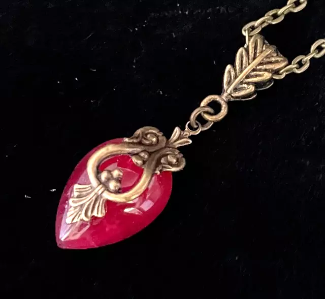 Vintage Necklace Brass Art Deco Filigree Pendant W Antique Berry Red Czech Glass