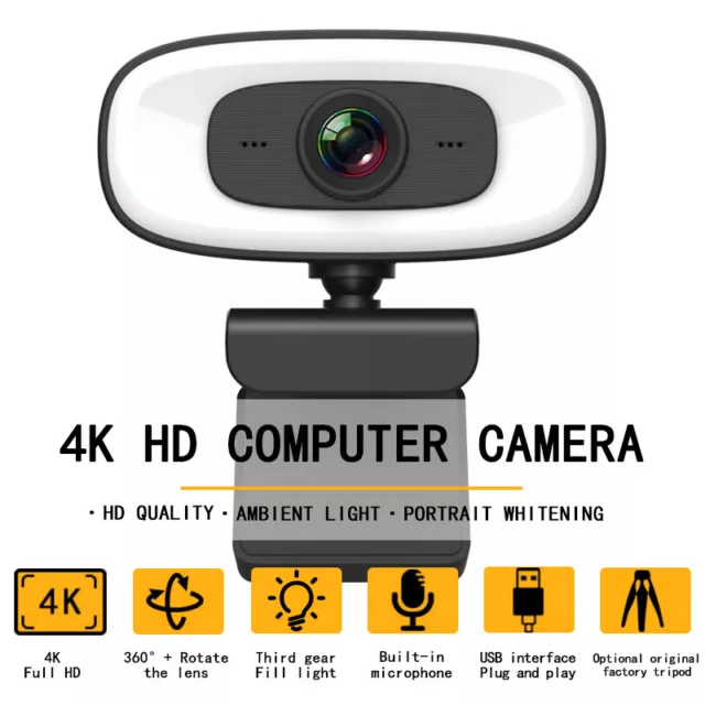 4K HD Computer Webcam Network Camera Fill Light & Microphone USB Interface