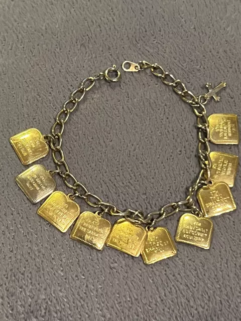 Gold Charm Bracelet 10 Commandments Cross 6.5” Religion Christianity ￼