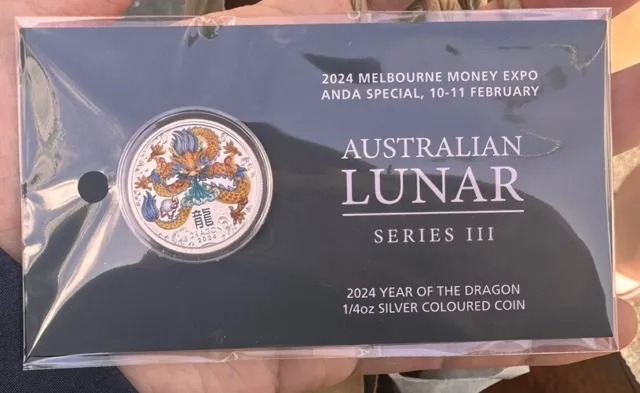 2024 Australia Lunar New Year Dragon 1/4 Oz Silver Coloured Coin Card Mel ANDA