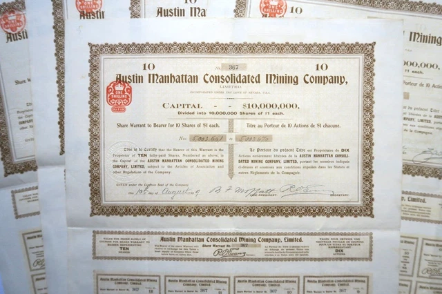 Austin Manhattan Consolidated Mining Company Action De 10 $ 1909 X 5 Actions