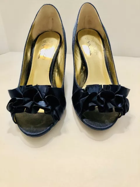 NINA RUFFLED OPEN Toe Satin Finish Pumps Women s Sz 8.5 Black 3 High Heel Shoes 25.55 PicClick
