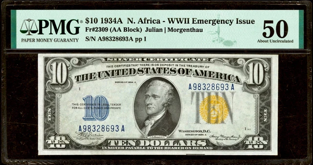 1934A North Africa Silver Certificate $10 Note A/A Block PMG AU50 Fr#2309
