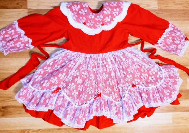VTG Lace Me Fancy Ruffle Red Full Circle Party Dress Pageant Layered Tiered 6X