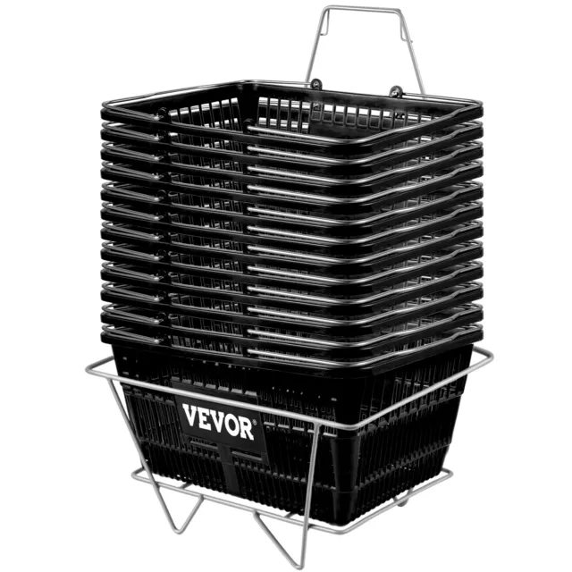 VEVOR 12PCS Black Shopping Baskets 21L Plastic with Sign /Stand /Metal Handles