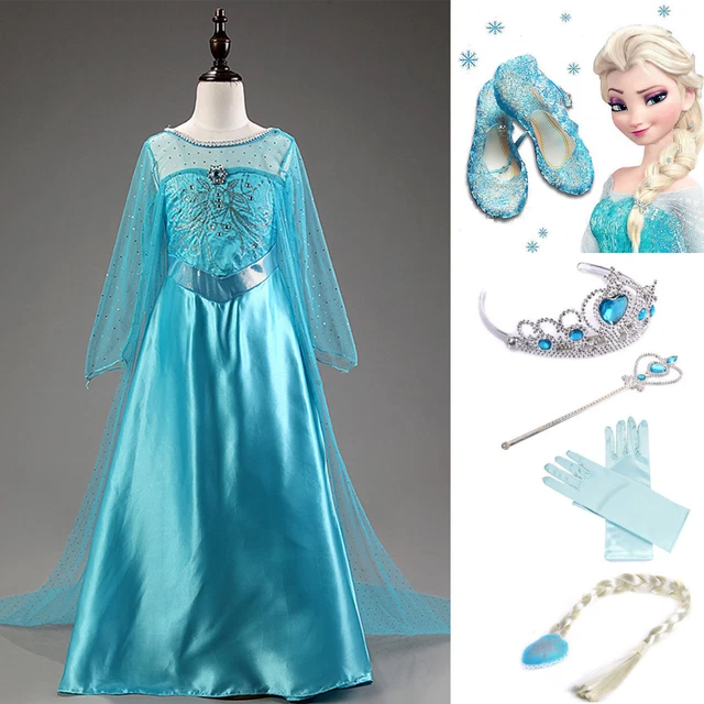 Eiskönigin Elsa Kostüm Für Mädchen – Langes Blaues Prinzessinnenkleid Für Karneval & Halloween