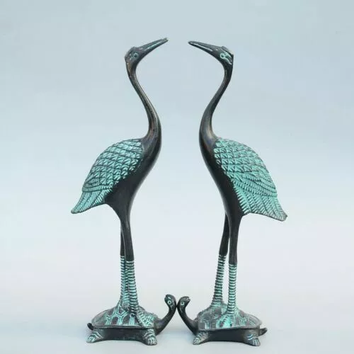 Collect Old Bronze Carve Elegant Crane Trample Tortoise A Pair Delicate Statue 2