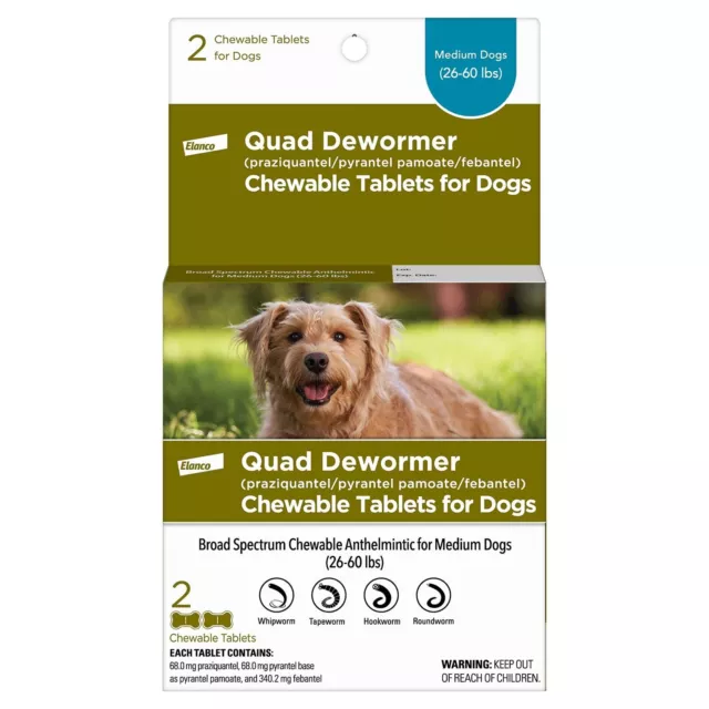 Bayer Quad Dewormer for Medium Dogs 20-60 lbs 2 Chewable Tablets EXP 11/2025