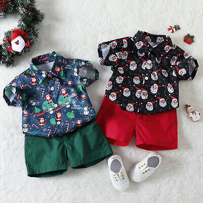 Toddler Kid Boys Christmas Cartoon Santa Prints T Shirt Shorts Gentleman Outfits