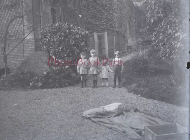Enfants Jardin c1930 Photo NEGATIVE Plaque de verre Stereo Vintage V33L25n4