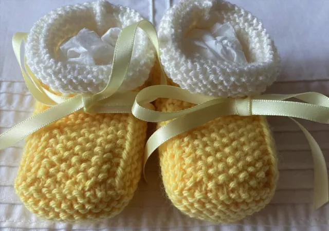 Baby Booties, "Wool & Merino". Hand-Knitted. Olympic Gold. Yellow Gold & White