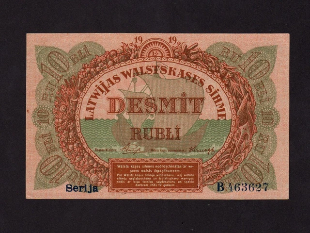 Latvia:P-4d,10 Rubli,1919 * B * Government Currency Note * AU-UNC *
