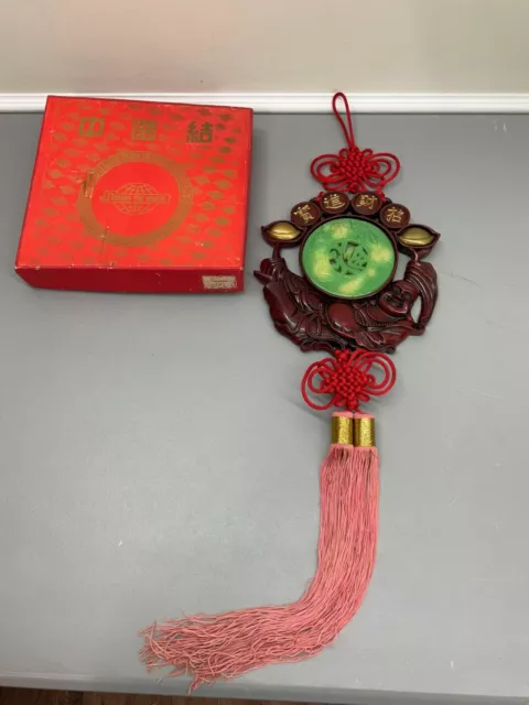 Chinese Faux Jade Dragon Buddha Feng Shui Red Resin Knot Good Luck Wall Art