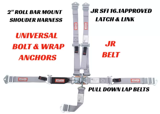 Universal Jr Drag 5 Point 2" Racing Harness Latch Roll Bar Mount Sfi 16.1 Gray