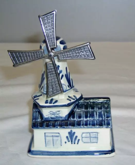 Vtg. Hand Painted Holland Delft Blue Porcelain Windmill Movable Blades