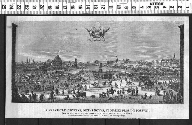 G210 / Engraving 1850 / View Of The Pont De Paris Dit Pont-New In 1646