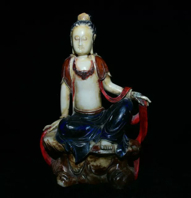 10 Zoll alte China natürliche Shoushan Stein gemalte Sitz Kwan-Yin Skulptur