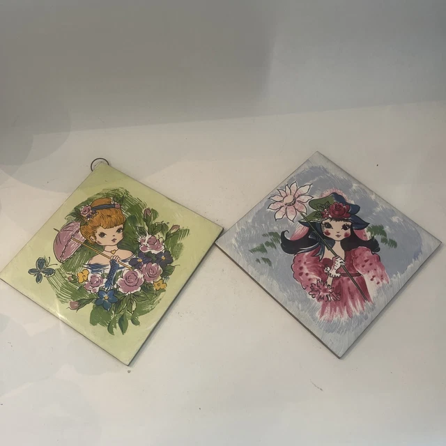 Vintage Ceramic Tile Art Wall Hanging Girls w/ Parasol Flower Japan 6" Pair